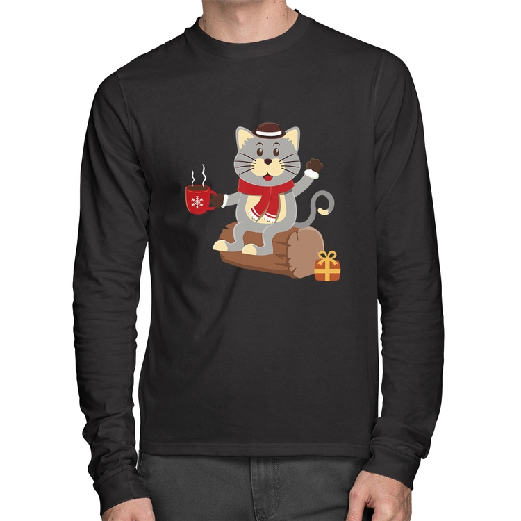 Camiseta Algodão Gatinho Simpático Manga Longa