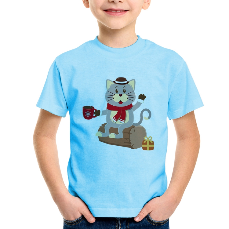 Camiseta Infantil Gatinho Simpático - Azul Bebê