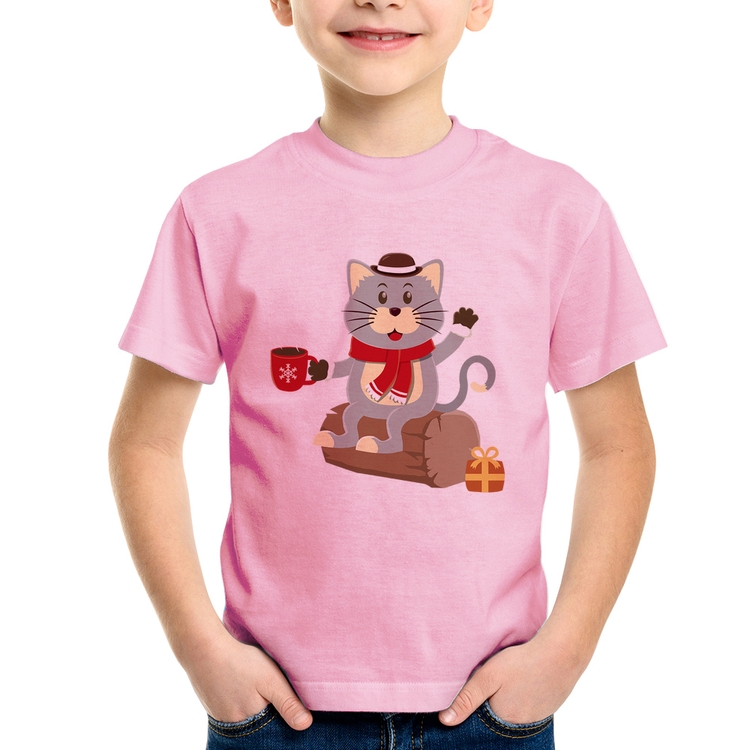 Camiseta Infantil Gatinho Simpático - Rosa Bebê