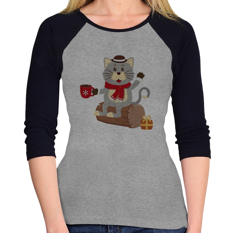 Baby Look Raglan Gatinho Simpático Manga 3/4 - Cinza/Preto