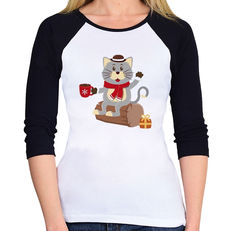 Baby Look Raglan Gatinho Simpático Manga 3/4
