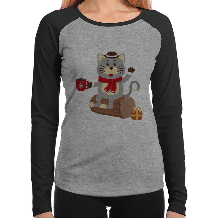 Baby Look Raglan Gatinho Simpático Manga Longa - Cinza/Preto