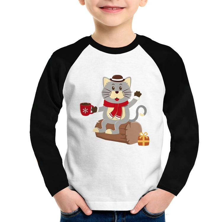 Camiseta Raglan Infantil Gatinho Simpático Manga Longa