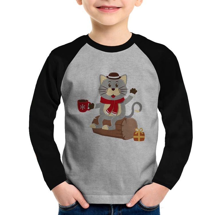 Camiseta Raglan Infantil Gatinho Simpático Manga Longa - Cinza/Preto