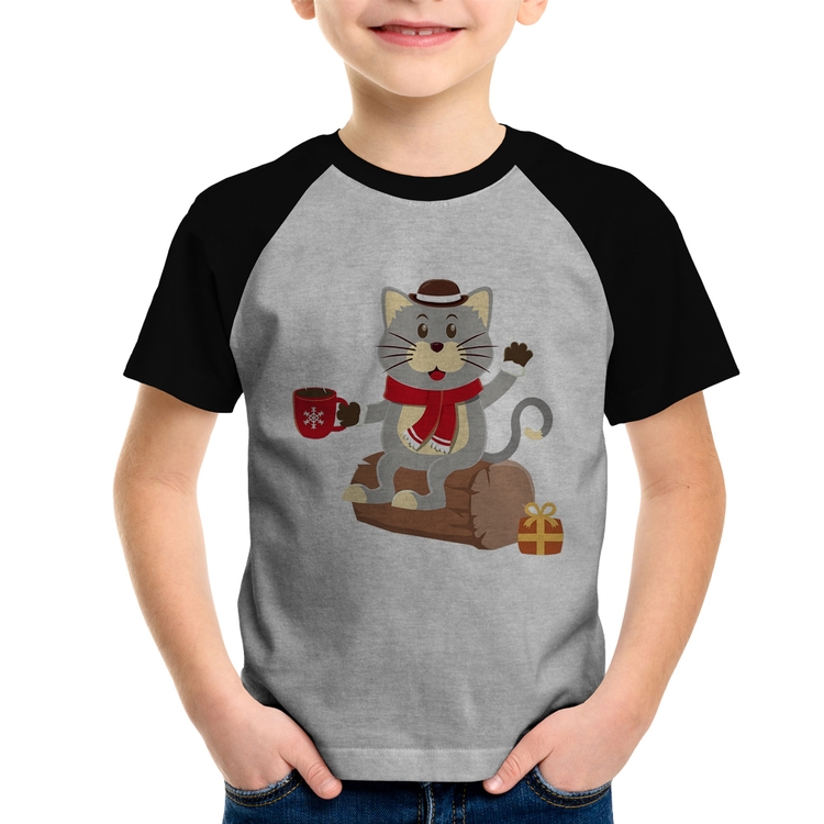 Camiseta Raglan Infantil Gatinho Simpático - Cinza/Preto