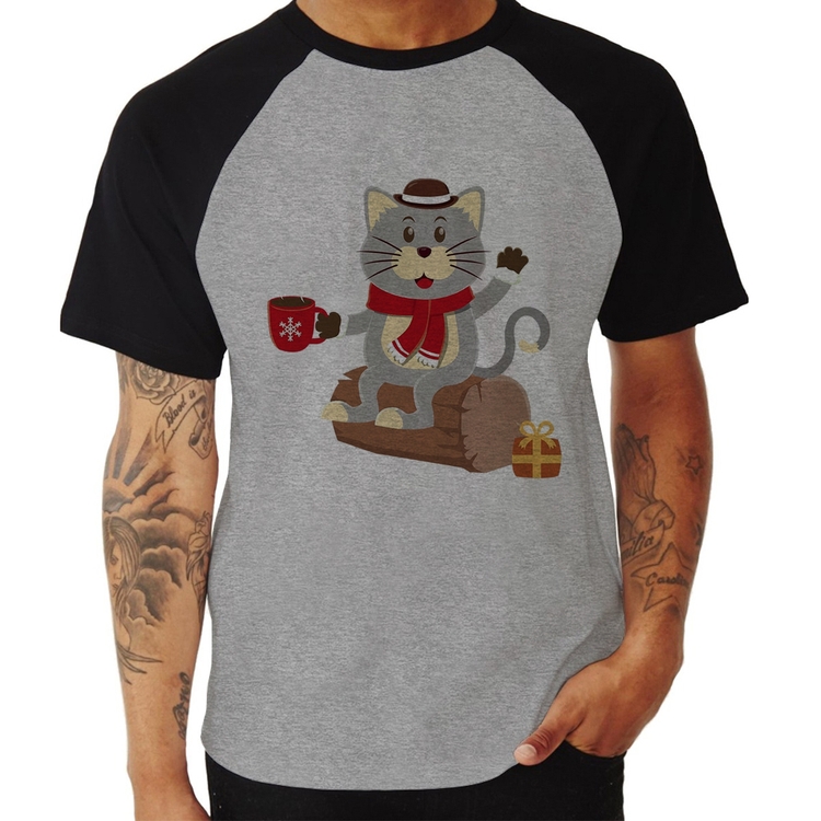 Camiseta Raglan Gatinho Simpático - Cinza/Preto