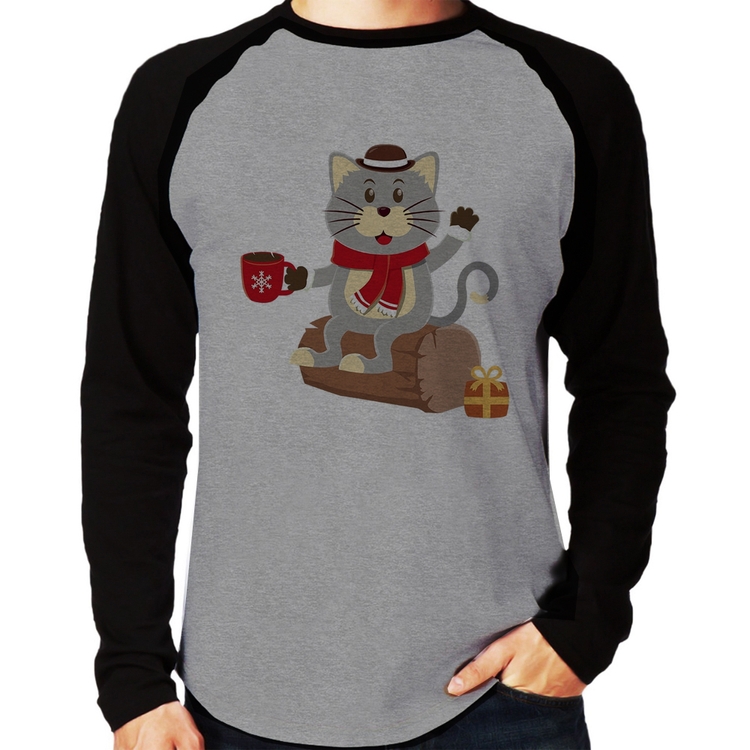 Camiseta Raglan Gatinho Simpático Manga Longa - Cinza/Preto