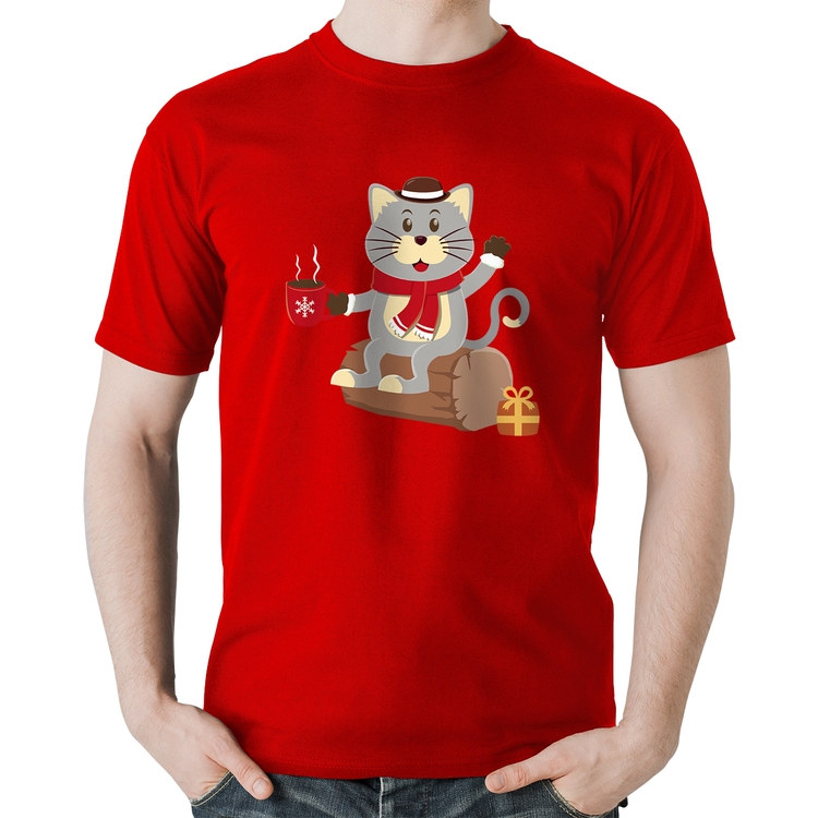 Camiseta Algodão Gatinho Simpático - Vermelha