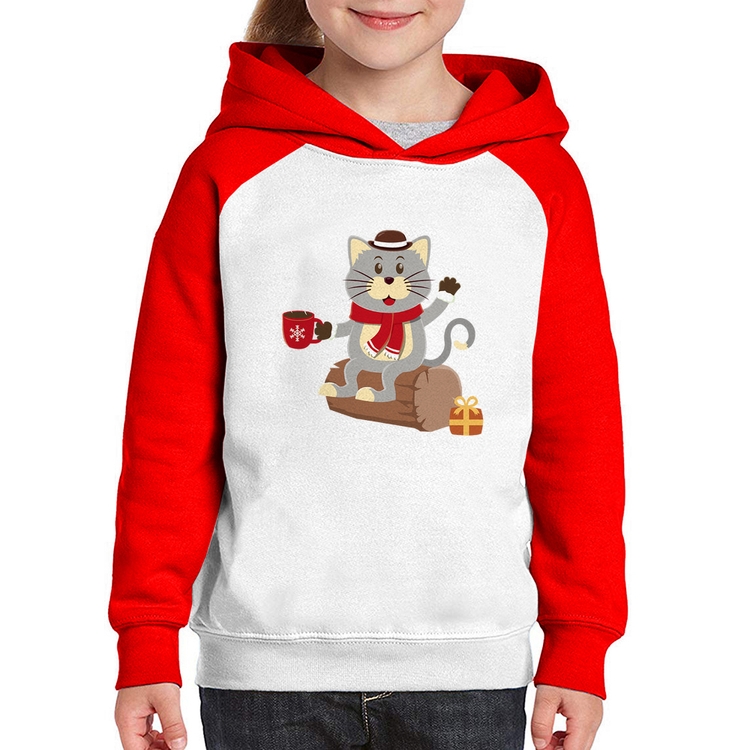Moletom Infantil Gatinho Simpático - Branco/Vermelho
