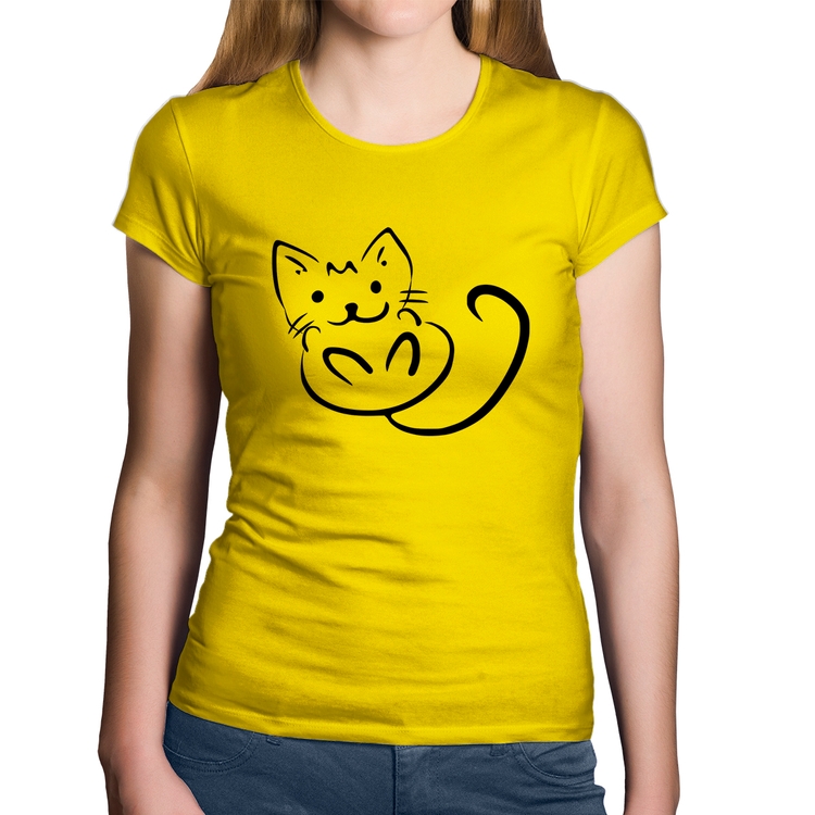 Baby Look Algodão Gatinho Traços - Amarela