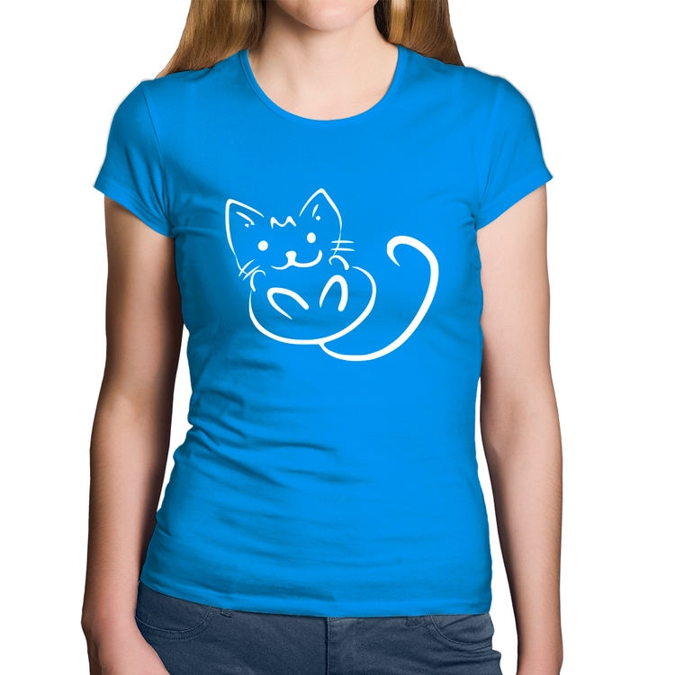 Baby Look Algodão Gatinho Traços - Azul