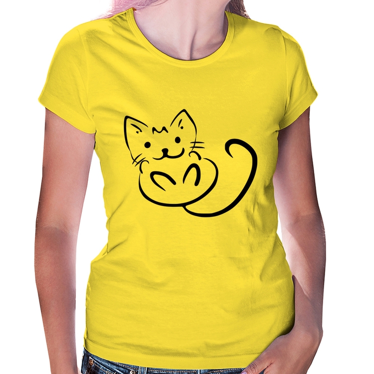 Baby Look Gatinho Traços - Amarela