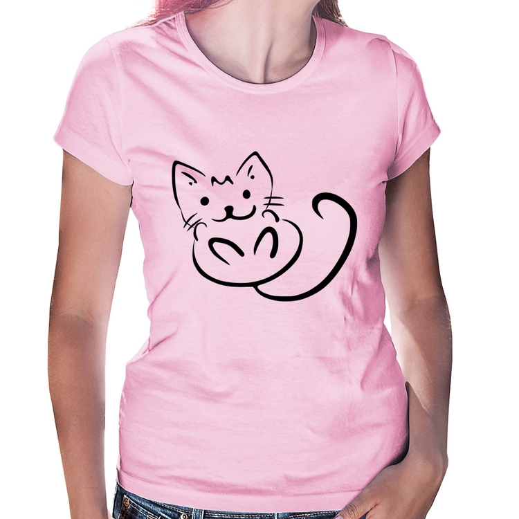 Baby Look Gatinho Traços - Rosa Bebê