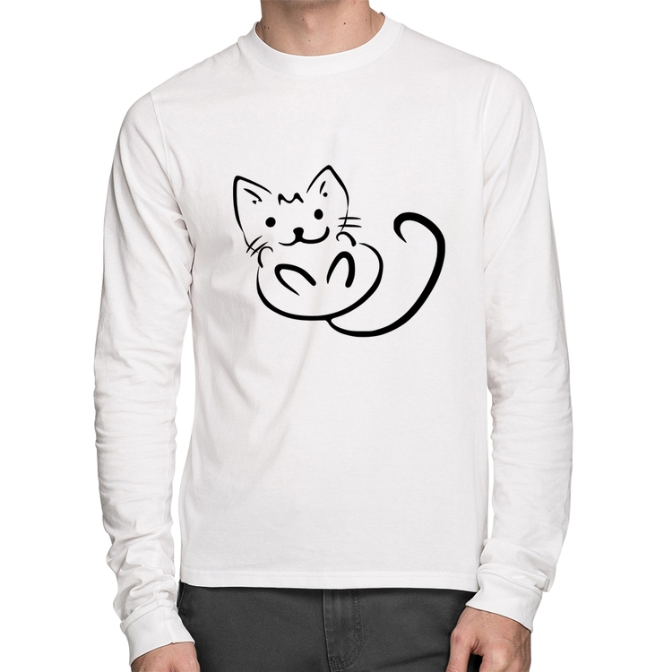 Camiseta Algodão Gatinho Traços Manga Longa - Branca