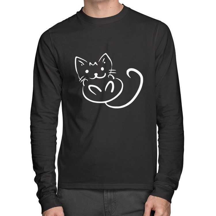 Camiseta Algodão Gatinho Traços Manga Longa