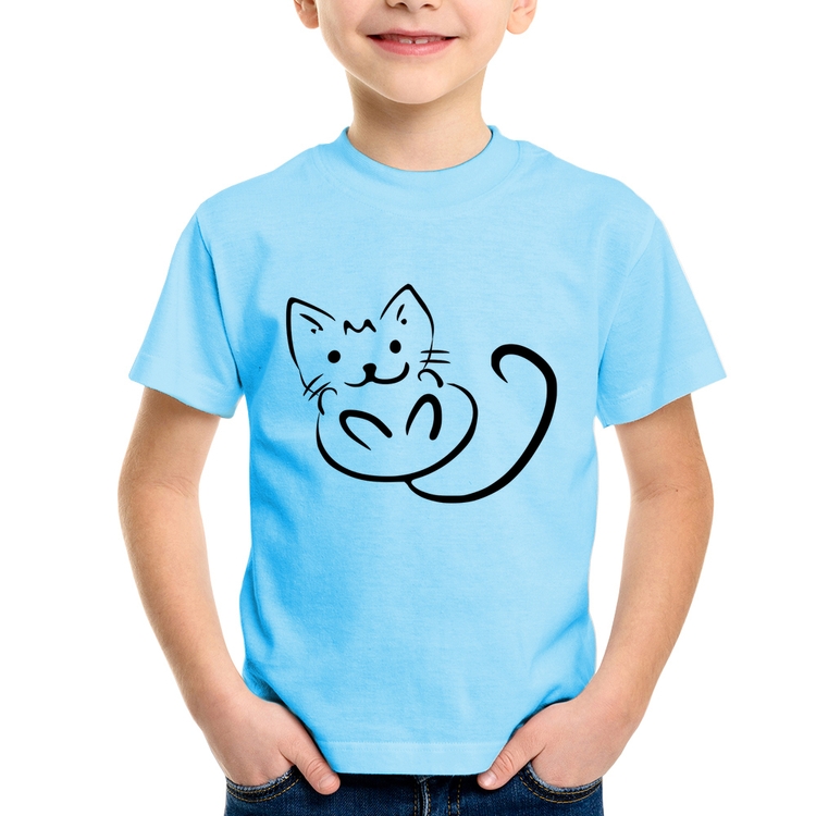 Camiseta Infantil Gatinho Traços - Azul Bebê
