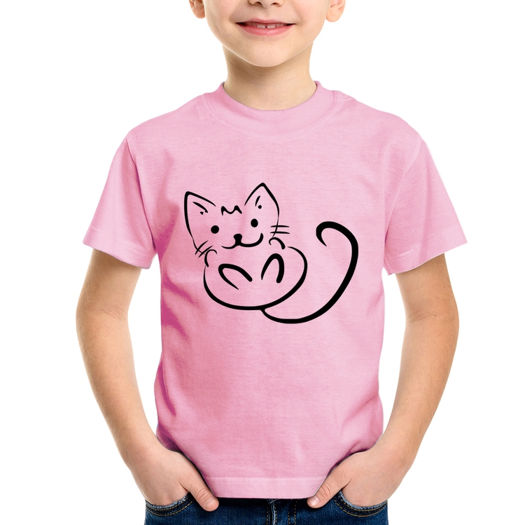 Camiseta Infantil Gatinho Traços - Rosa Bebê