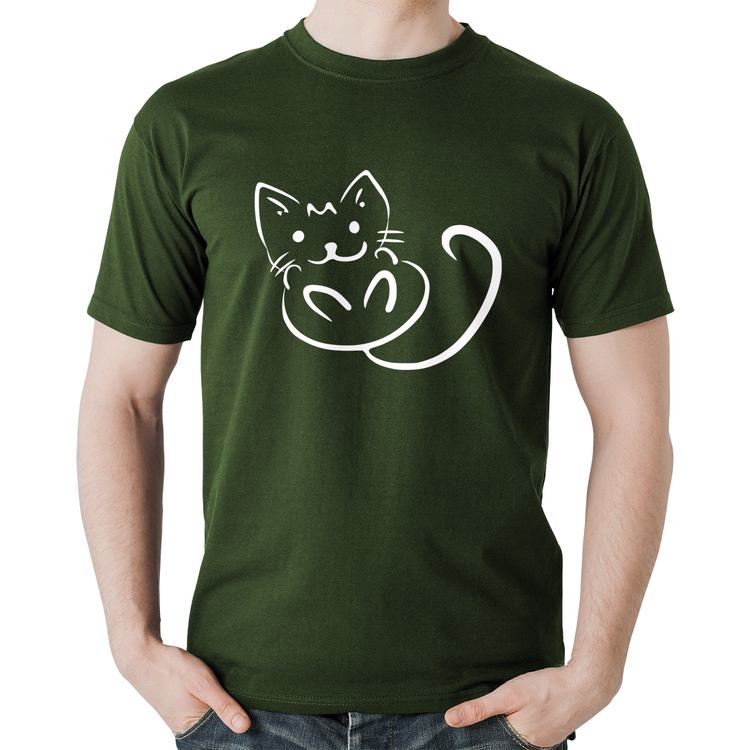 Camiseta Algodão Gatinho Traços - Musgo