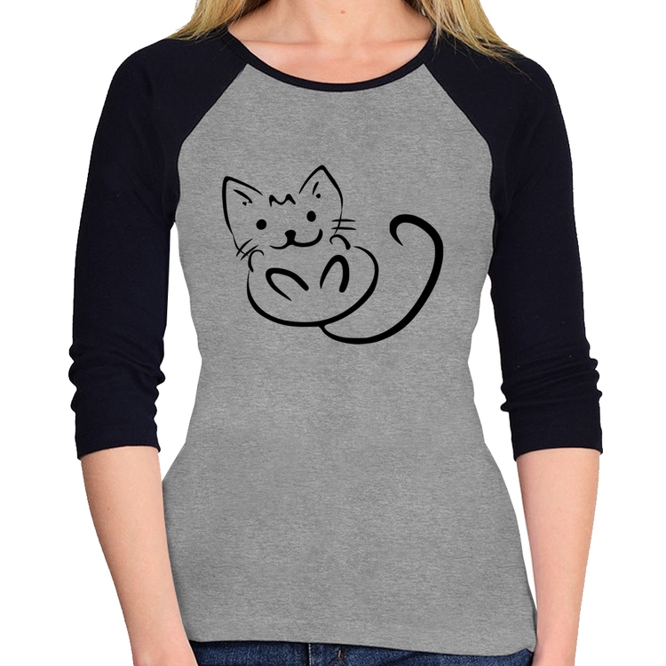 Baby Look Raglan Gatinho Traços Manga 3/4 - Cinza/Preto