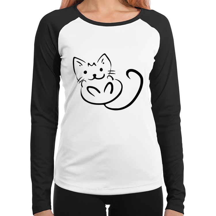 Baby Look Raglan Gatinho Traços Manga Longa