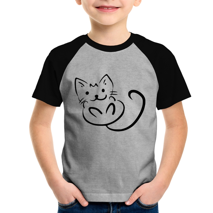 Camiseta Raglan Infantil Gatinho Traços - Cinza/Preto