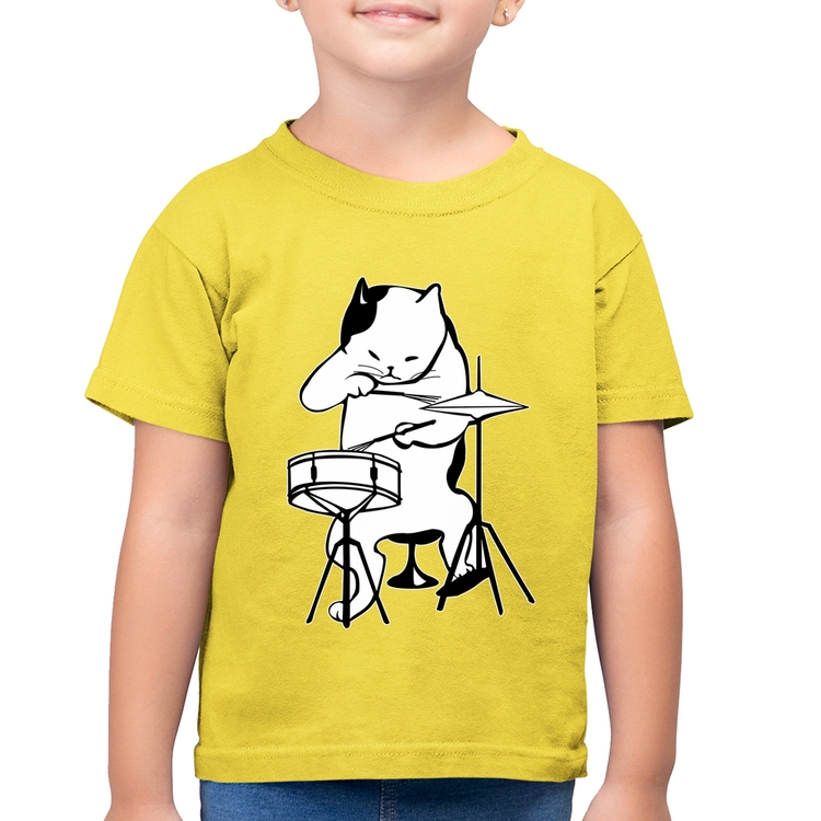 Camiseta Algodão Infantil Gato Baterista - Amarelo Canário