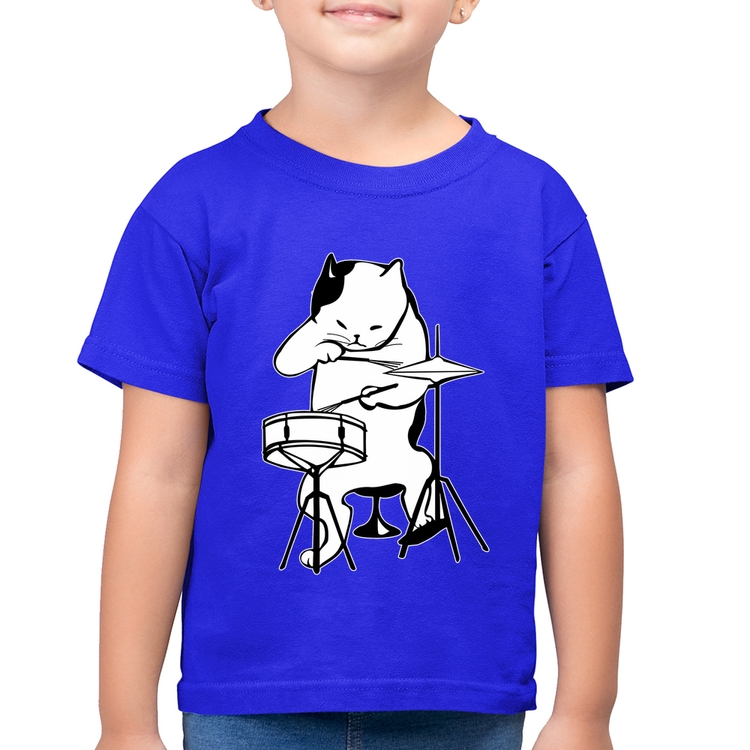 Camiseta Algodão Infantil Gato Baterista - Azul Royal