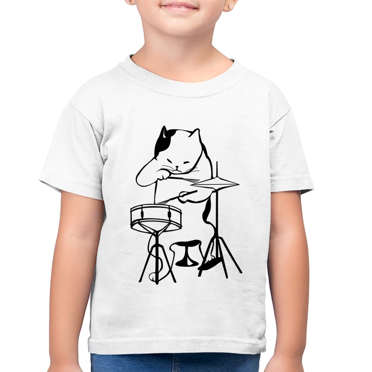 Camiseta Algodão Infantil Gato Baterista - Branca