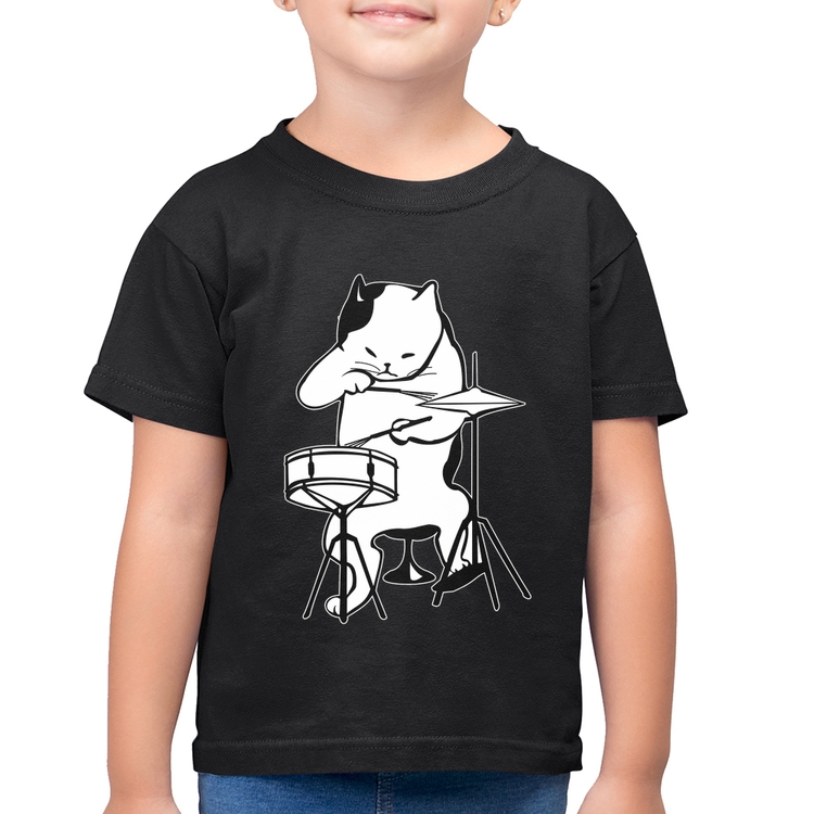 Camiseta Algodão Infantil Gato Baterista