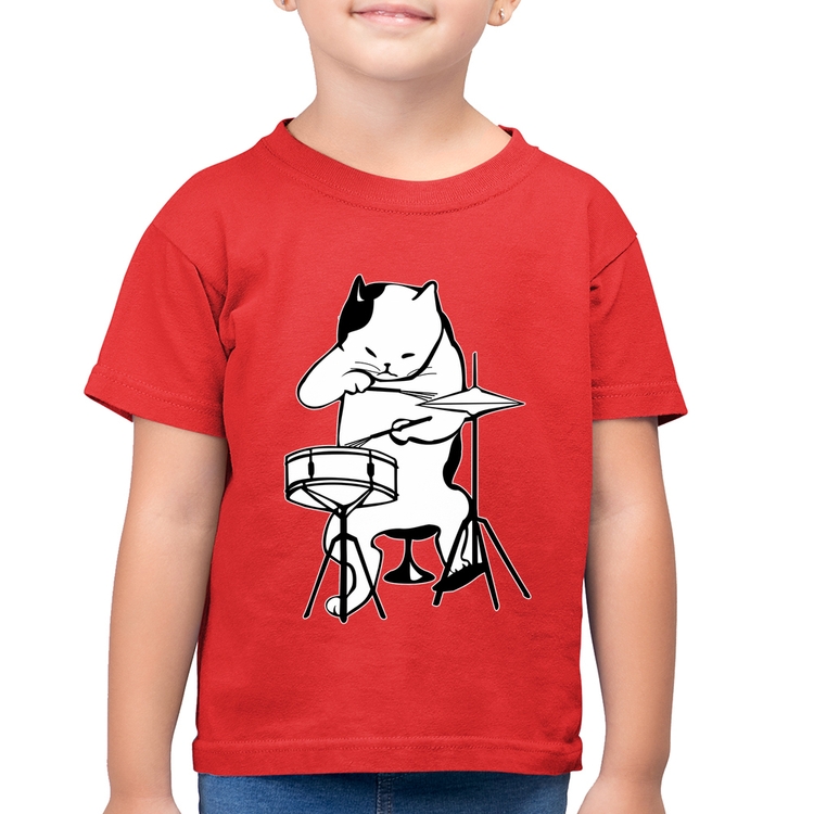 Camiseta Algodão Infantil Gato Baterista - Vermelha