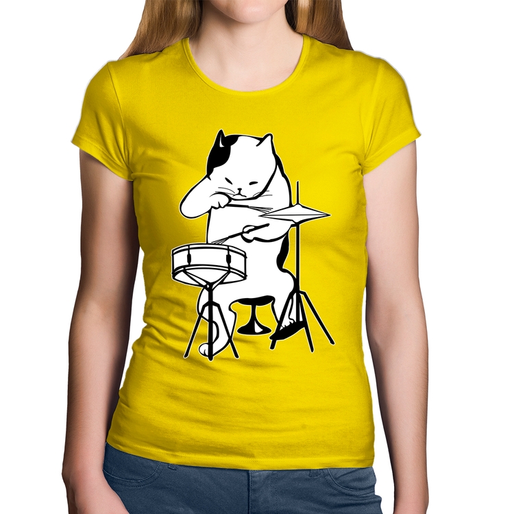 Baby Look Algodão Gato Baterista - Amarela