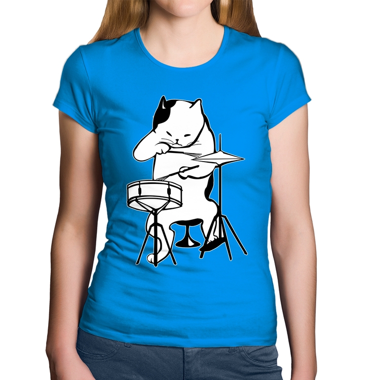 Baby Look Algodão Gato Baterista - Azul