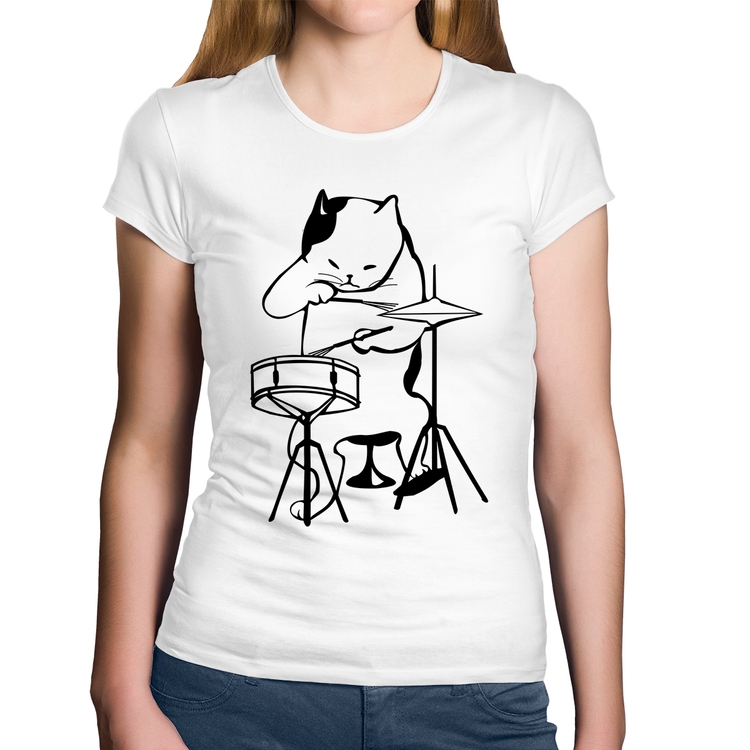 Baby Look Algodão Gato Baterista - Branca