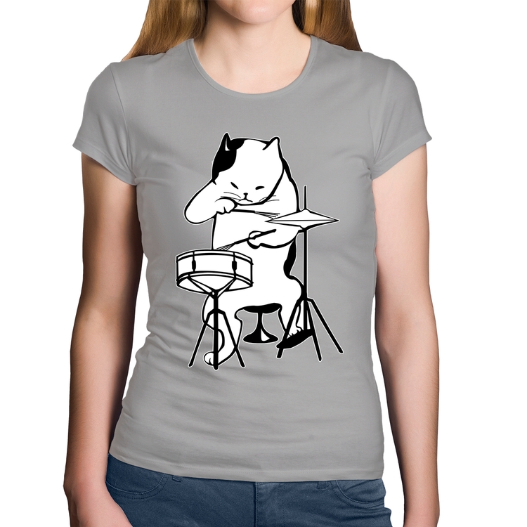 Baby Look Algodão Gato Baterista - Cinza