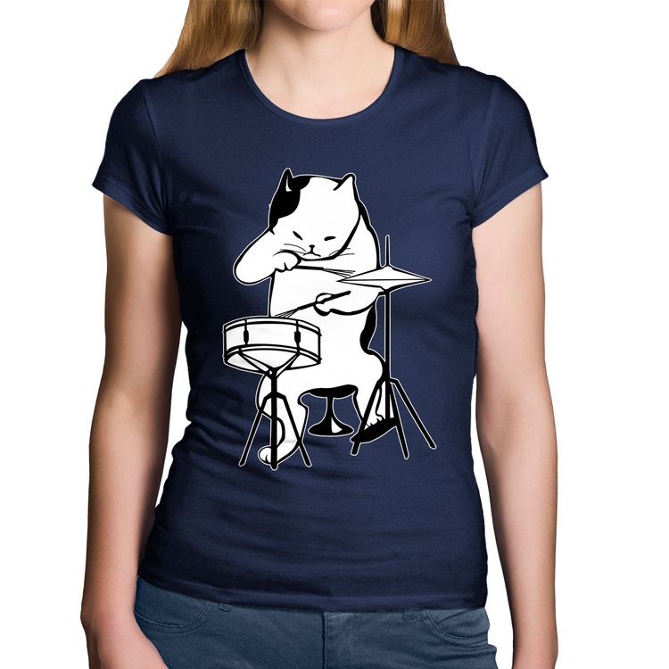 Baby Look Algodão Gato Baterista - Marinho