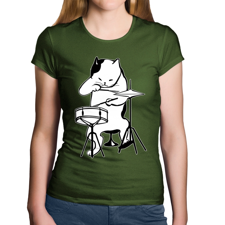 Baby Look Algodão Gato Baterista - Musgo