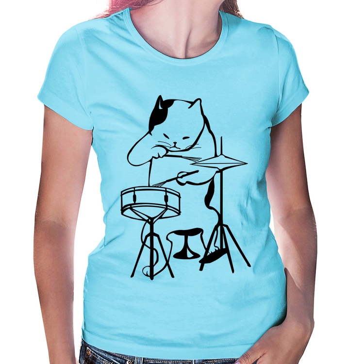 Baby Look Gato Baterista - Azul Bebê