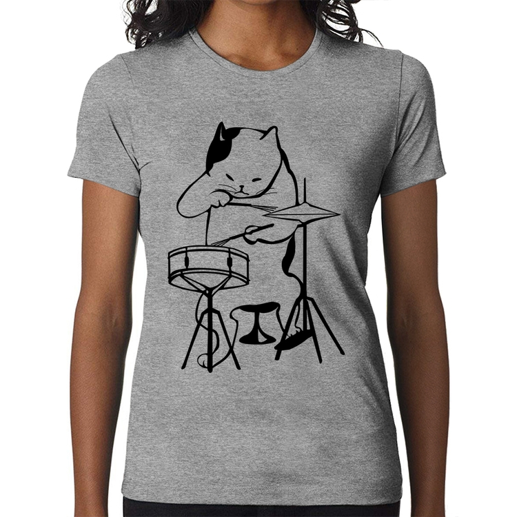 Baby Look Gato Baterista - Cinza