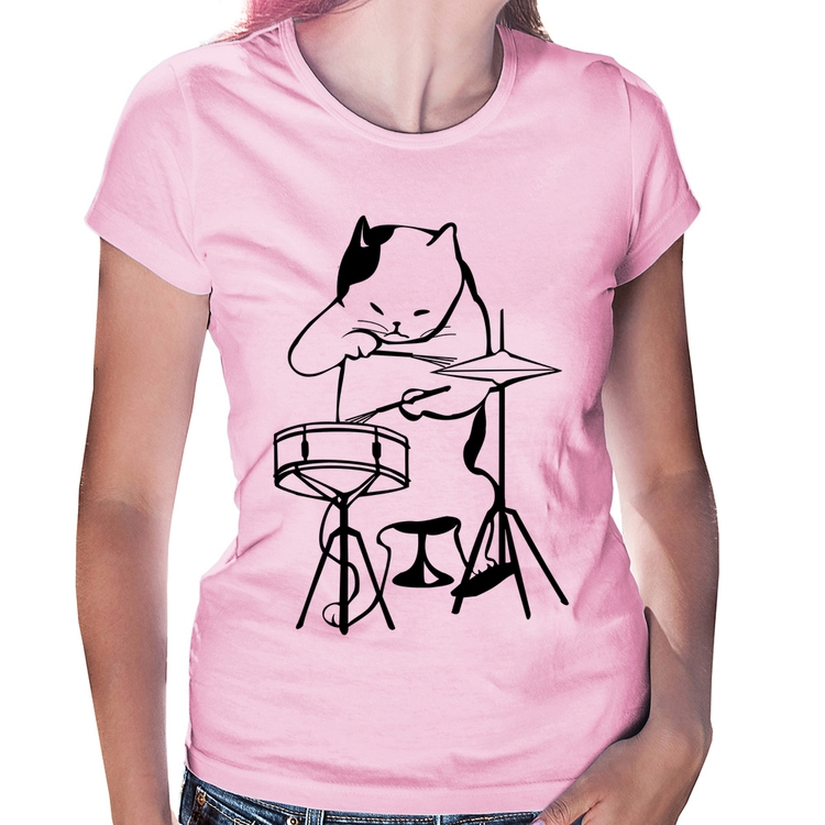 Baby Look Gato Baterista - Rosa Bebê