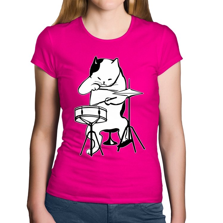 Baby Look Algodão Gato Baterista - Rosa