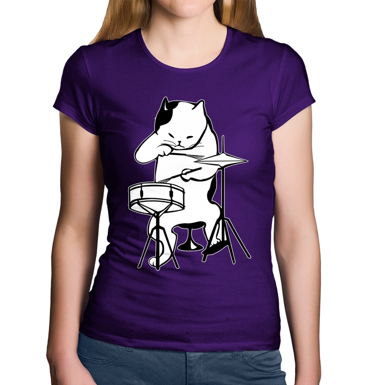 Baby Look Algodão Gato Baterista - Roxa