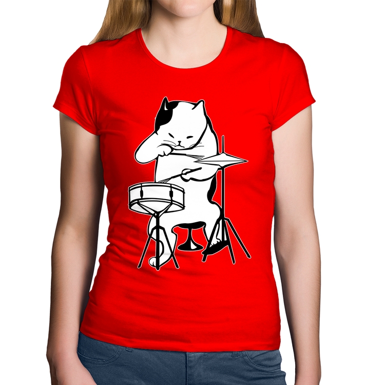 Baby Look Algodão Gato Baterista - Vermelha