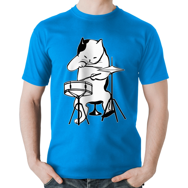 Camiseta Algodão Gato Baterista - Azul