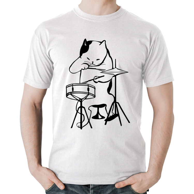 Camiseta Algodão Gato Baterista - Branca