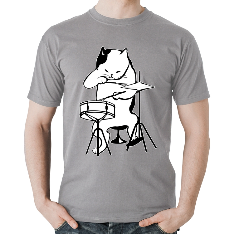 Camiseta Algodão Gato Baterista - Cinza