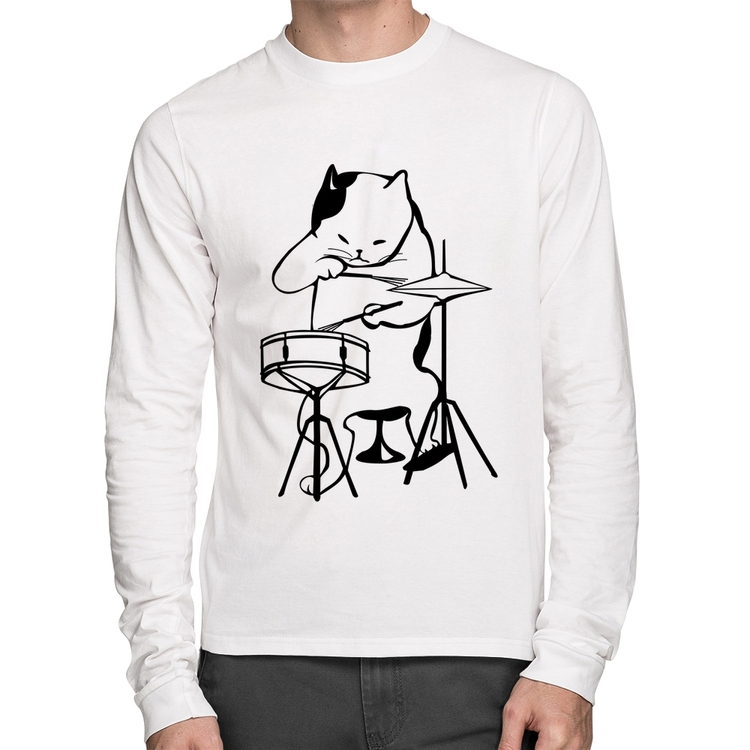 Camiseta Algodão Gato Baterista Manga Longa - Branca
