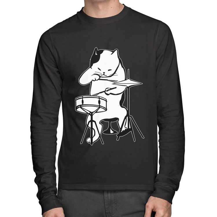 Camiseta Algodão Gato Baterista Manga Longa