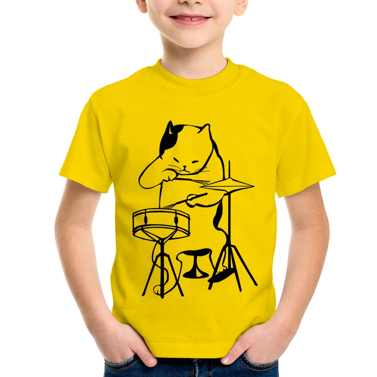 Camiseta Infantil Gato Baterista - Amarela