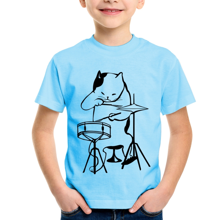 Camiseta Infantil Gato Baterista - Azul Bebê