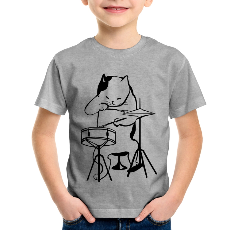 Camiseta Infantil Gato Baterista - Cinza